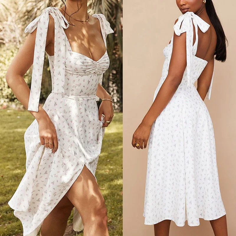 

Women Floral Dress Summer Spring Women's Sexy Casual Fashion Midi Slip Backless Pleated Slit Dress White Yellow Flowers Sundres