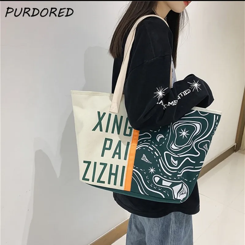 

PURDORED 1 Pc Fashion Graffiti Tote Bag for Women Canvas Shoulder Bag Large Female Retro Student School Bag Eco Shipping Bag