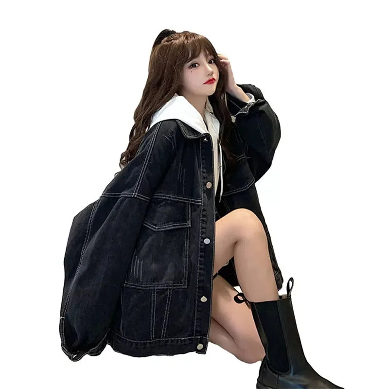 

Женское джинсовое пальто, свободное толстое пальто средней длины, универсальный дизайн, модель X48 в Корейском стиле на зиму, 2023