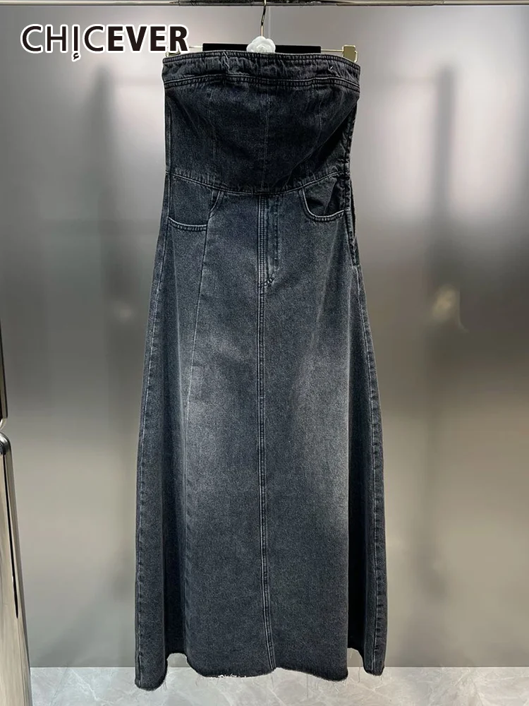 

CHICEVER Denim Solid Dress For Women Strapless Sleeveless High Waist Tunic Spliced Lace Up A Line Midi Dress Female 2023 Summer