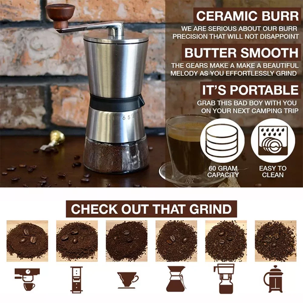 

1Set Manual Coffee Grinder Stainless Steel Ceramic Burr Portable Hand Crank Grinder Hand Grind Coffee Machine Kitchen Tools Acce