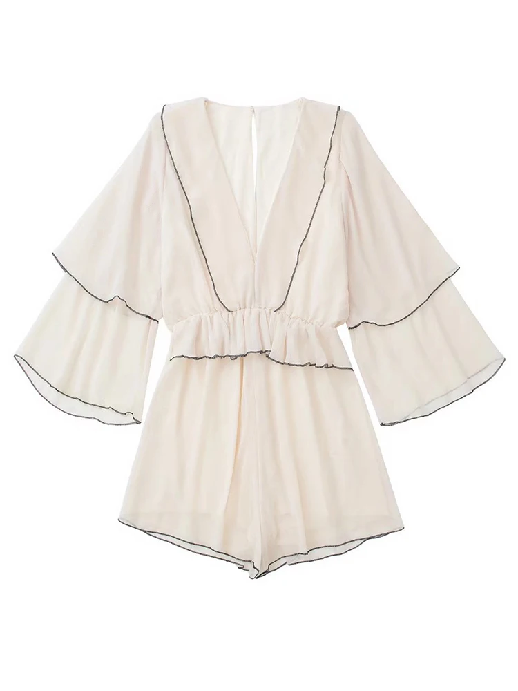 

YENKYE 2022 Fashion Women Summer Ruffles Playsuit Flare Long Sleeve Female Elegant Short Jumpsuit Casual Monos Mujer