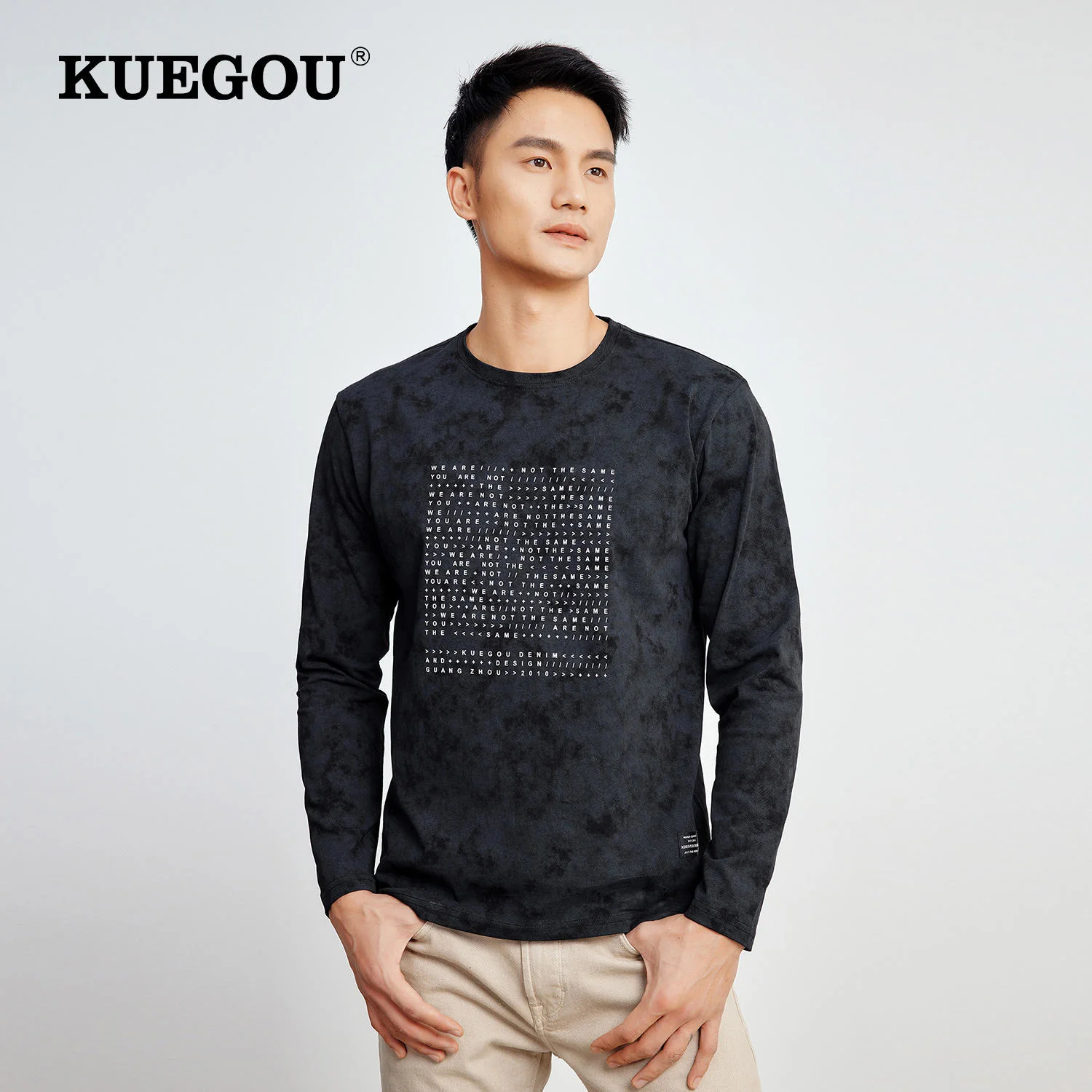 

KUEGOU 100 Cotton Graphic T-Shirt For Mens Vintage Tee Shirt Man Long Sleeve Top Male Fashion 2022 New Oversized Tshirt 60069