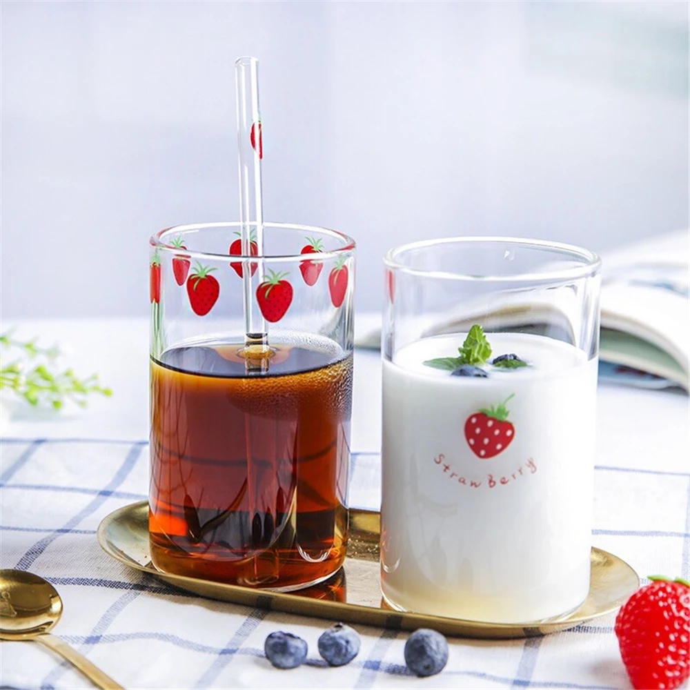

300ML Cute Strawberry Cup with Straw Heat Resistant Coffee Mug Transparent Water Milk Glass Cold Drinks Straw Cup Home Drinkware