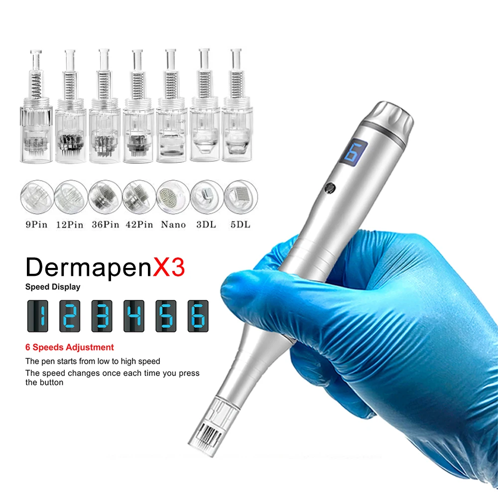 Portable Powerful Dermapen X3 LCD Screen 6 Levels Speed Display Microneedle Cartridges Derma Electric Hydrapen With Needles