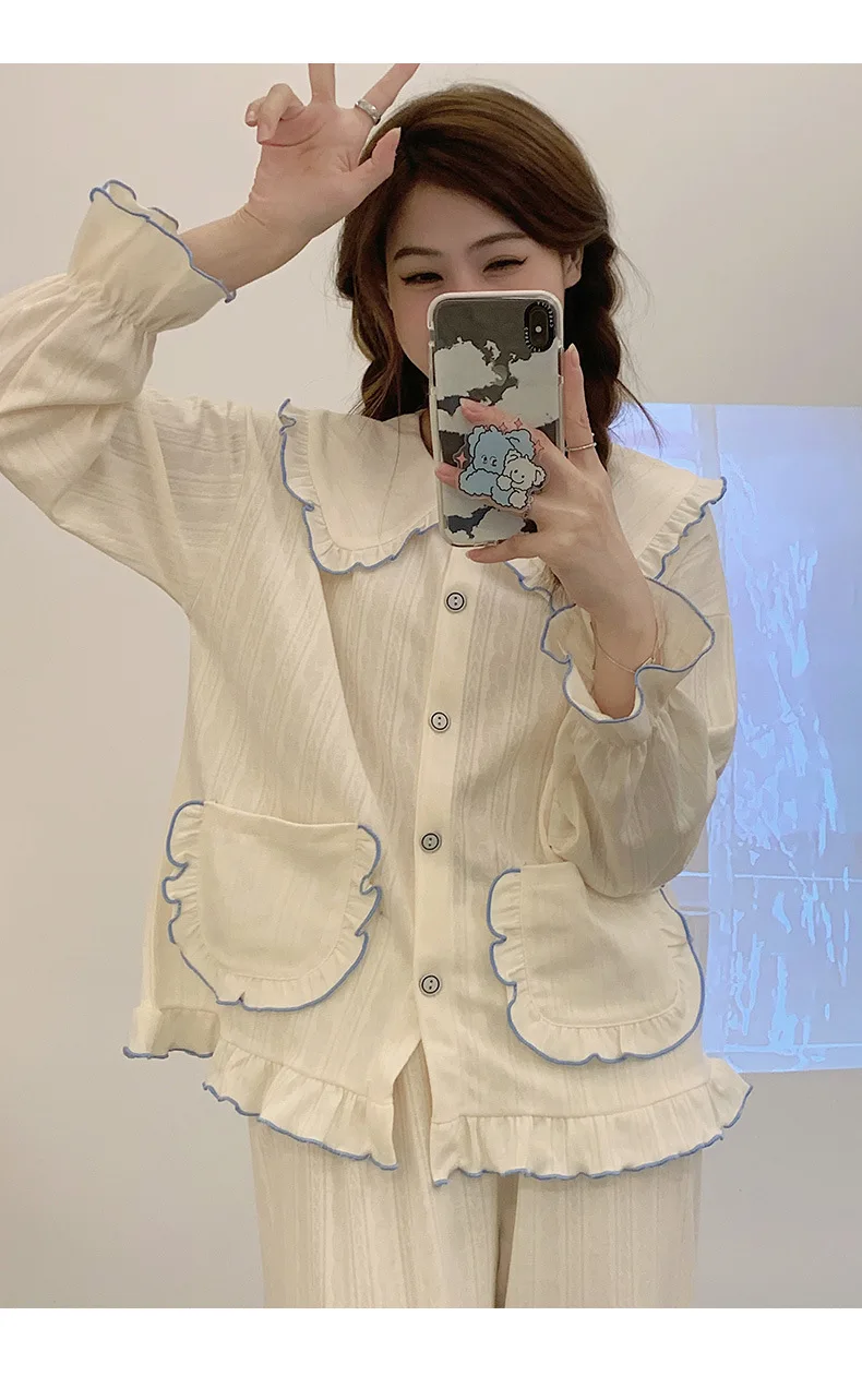 Pijama Mujer Doll Collar Sweet Pajamas Women Spring Autumn Cotton Long Sleeve Sleepwear Korean Loose Outwear Household Set