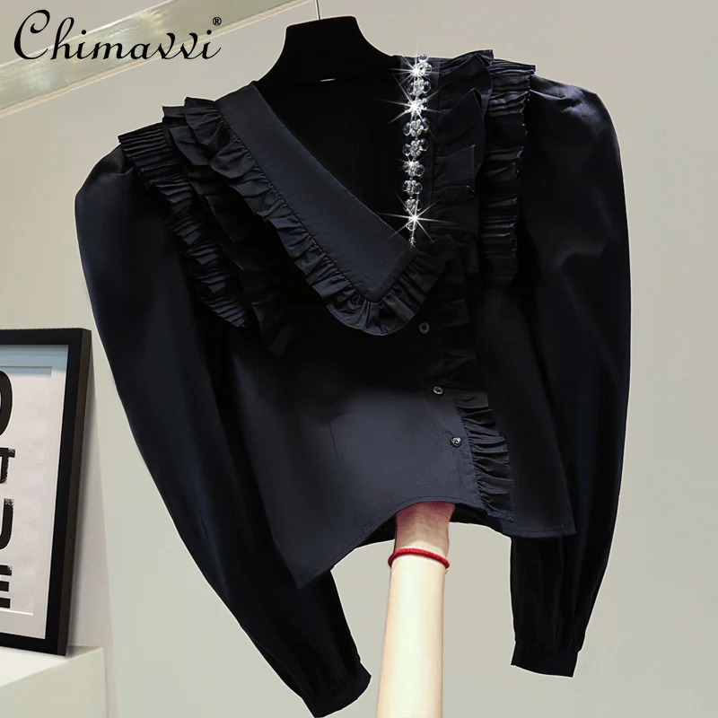 

Heavy Beads Puff Sleeve Shirt 2022 Spring New Korean Style Fashion Slim Diamond Pleated Ruffled Solid Color V-neck Blouse Women