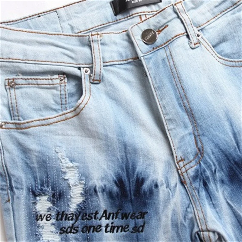 EH·MD® English Embroidered Men's Jeans Frayed Soft Casual Cotton Elastic Pants Iceberg Snow Effect Slim Seasonal White High 2023