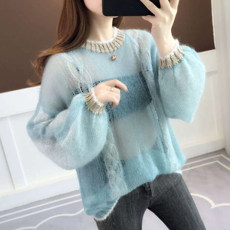 

New Sexy Elegant Female Loose Casual Pullover Sweaters Women Spring Autumn Hollow-out Thin Sweater O-neck Knitted Jumper Tops
