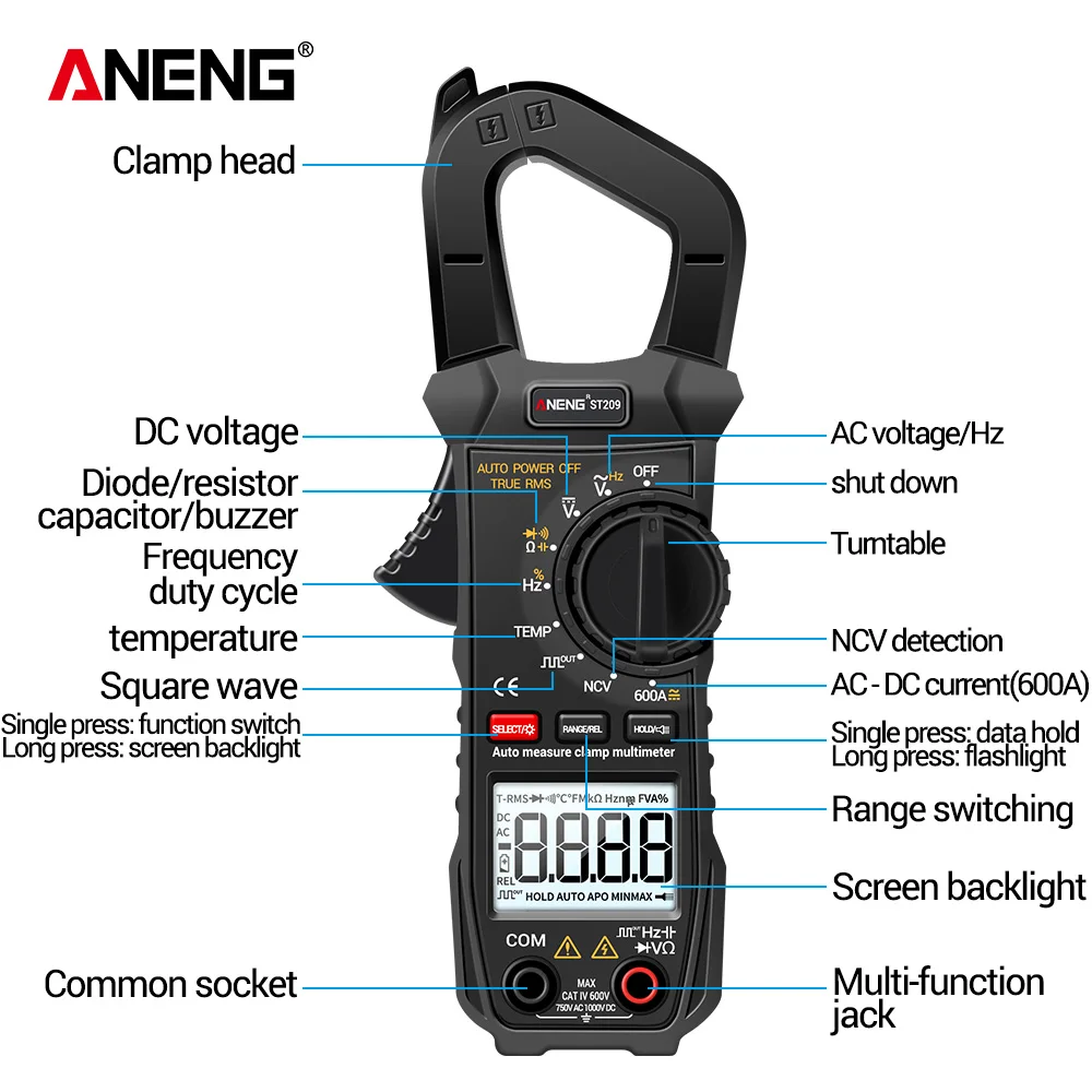 

LCD ANENG ST209 Digital Multimeter Clamp Meter 6000 Counts True RMS Amp DC/AC Current Clamp Tester Meters Voltmeter Auto Ranging