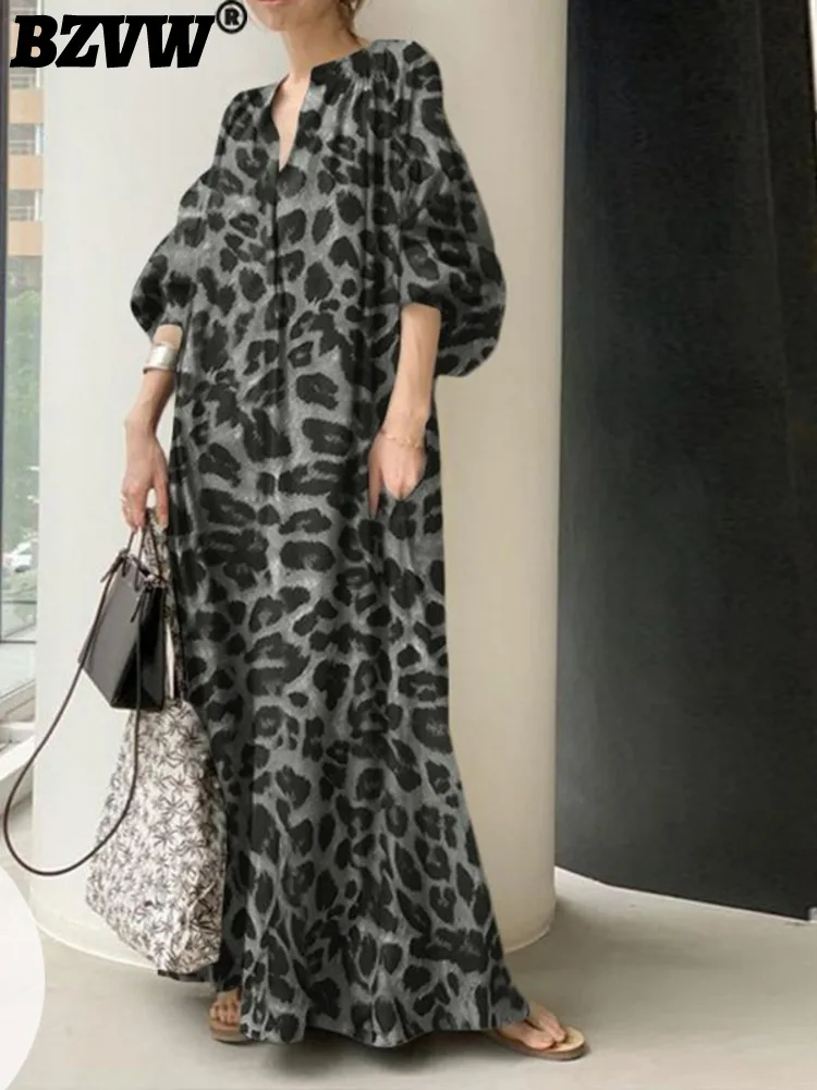 

BZVW Fashion Leopard Loose Waist Dresses For Women Casual Puff Sleeve Stand Collar Dress Female 2023 Spring New Trend 25Y0405