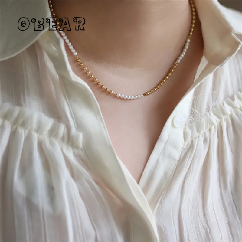 

Stainless Steel Plated 18K Gold Korea INS Gold Bead Stitching Pearl Necklace Clavicle Chain for Women Temperament Jewelry