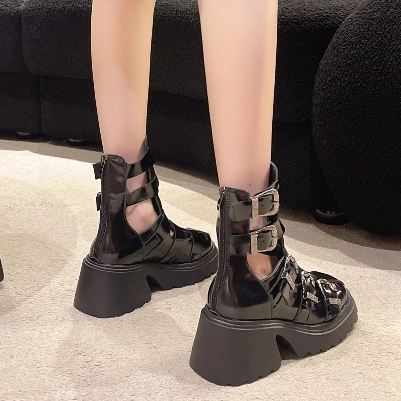 

summer 7CM Black Hollowed-out Thin Roman Sandals Women All-match High-heeled Platform Sandals Wedge Platform Shoes Botas B283