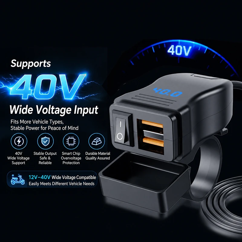Фото Двойное зарядное устройство USB QC3.0 мощностью 60 Вт для мотоцикла, USB-разъем для руля с переключателем, вольтметр, водонепроницаемый адаптер питания 12-40 В №2