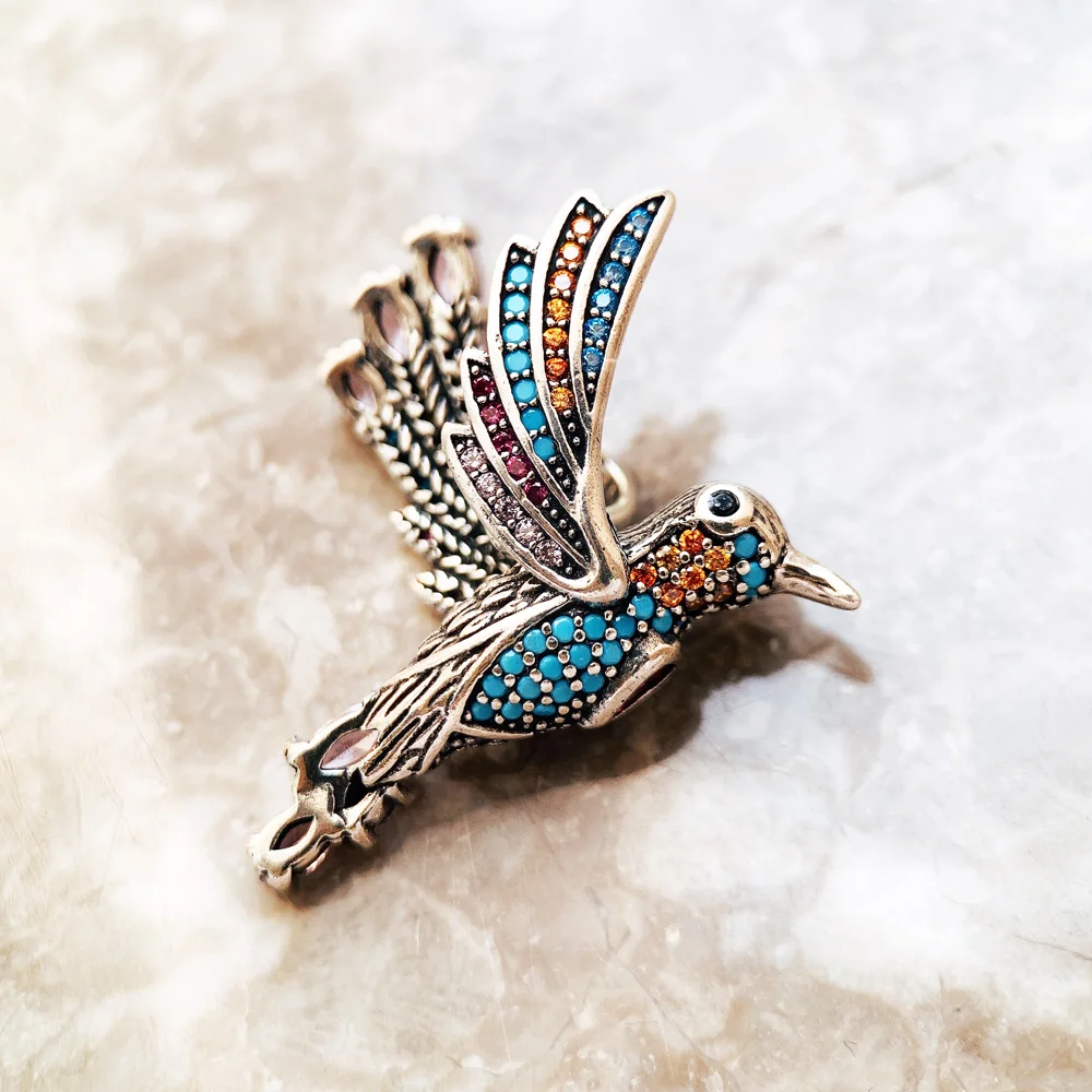 Женский кулон с колибри летний ювелирный аксессуар из настоящего серебра 925