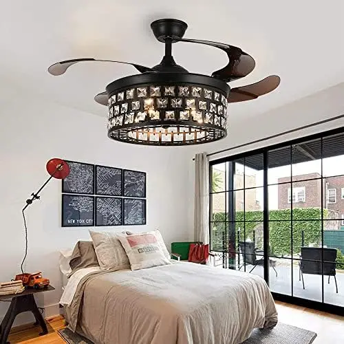 

Reversible Ceiling Fan with LED Lights & Remote, 4 Retractable Blades Fan Chandelier for Bedroom, Indoor Ceiling Light Kits