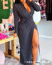 Vestido longo feminino primavera 2022 novo listrado com decote em v alta dividir vestidos sexy (3)