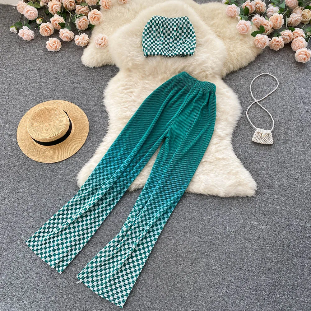 

Women New Fashion Summer Sweet Short Vest Wearing Tube Tops + Casual Wide-leg Pants Two Piece Sets E128