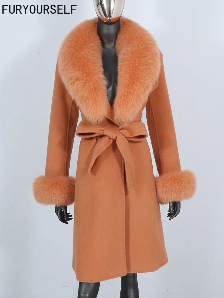 

FURYOURSELF 2023 New X-long Cashmere Wool Blends Real Fur Coat Belt Winter Jacket Women Natural Fox Fur Collar Cuffs Outerwear