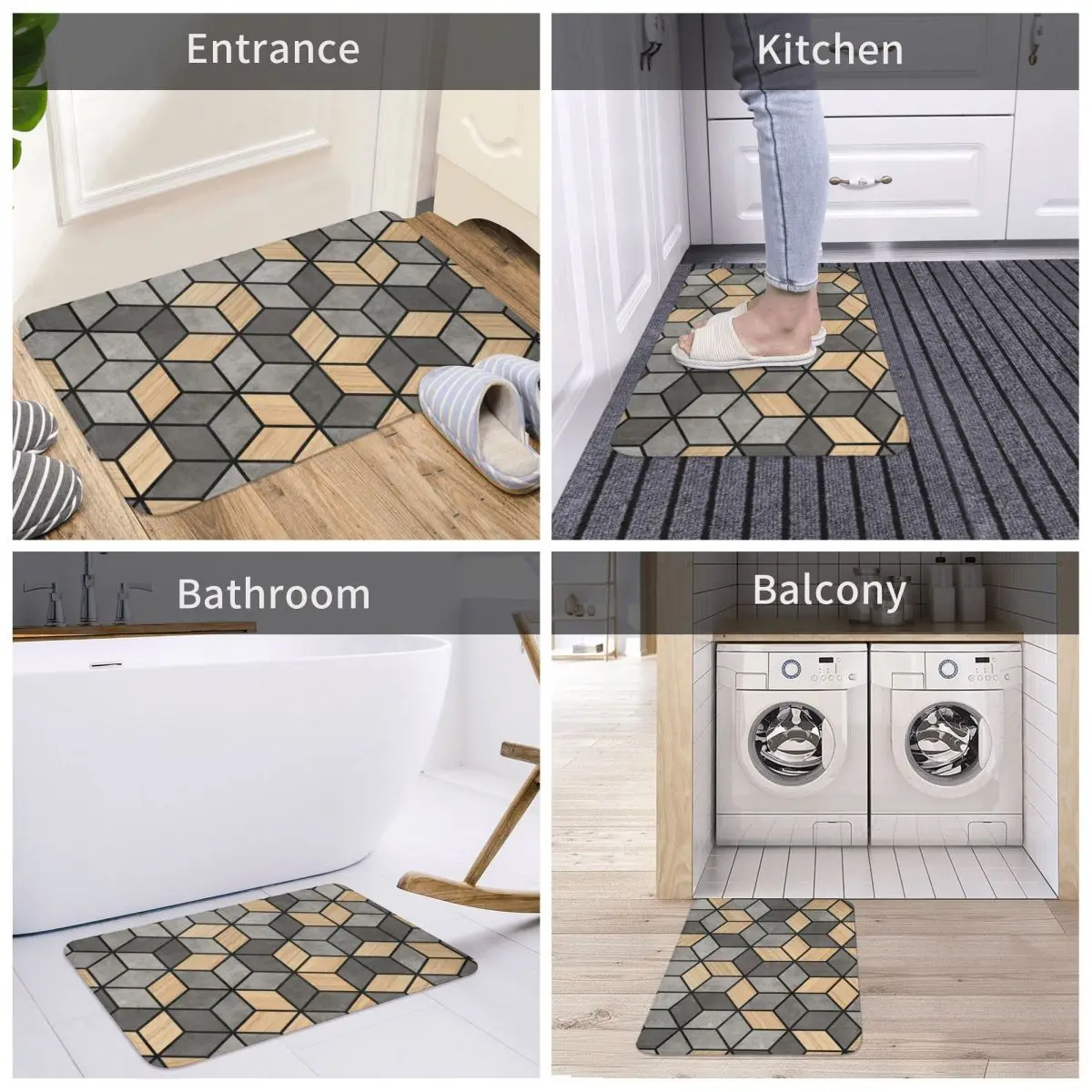 

Bath Mat Concrete And Wood Cubes Decor 3D Rug Carpet Doormat Non-slip Entrance Living Room Home Kitchen Water Oil Proof Bedroom