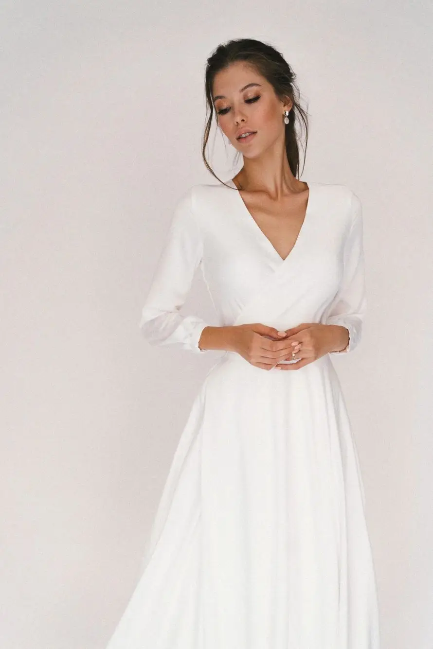 PLEINDI Luxury Evening Dresses V-Neck Long Sleeves A-shaped Tea-Length Chiffon 2022 New of Ruched Exquisite Prom Dress Women