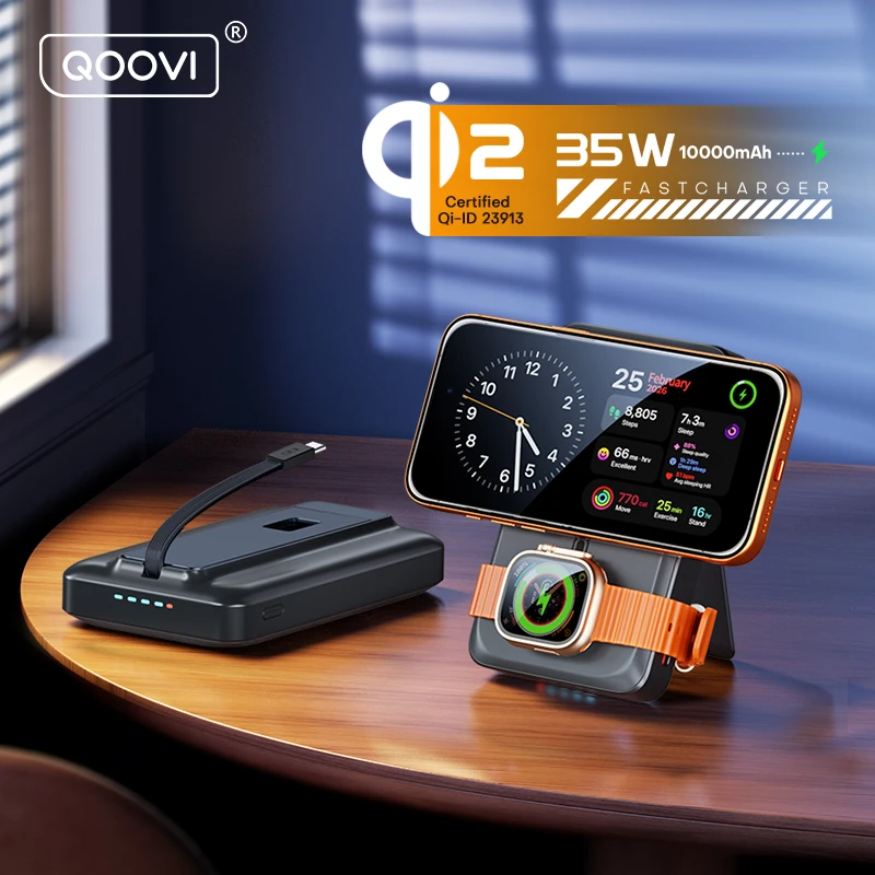 Фото Магнитный повербанк QOOVI Qi2 35W 10000 мАч, портативное зарядное устройство для MagSafe, быстрая беспроводная зарядка 15W для iPhone 17, 16, 15, iWatch №1