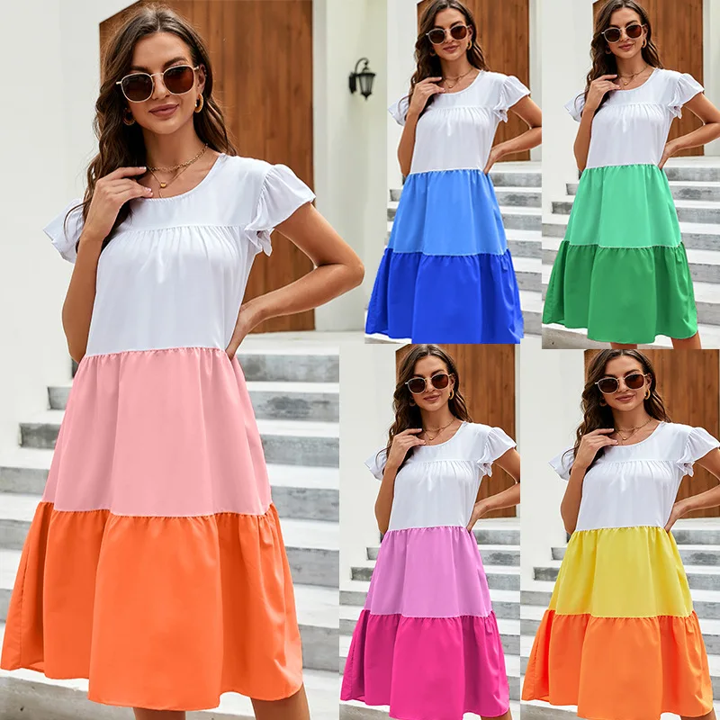 

2022 Spring Summer Contrast Color Three-Color Stitching Dress Casual O-Neck Short Sleeve Dresses Vocation Beach Loose Midi Dress