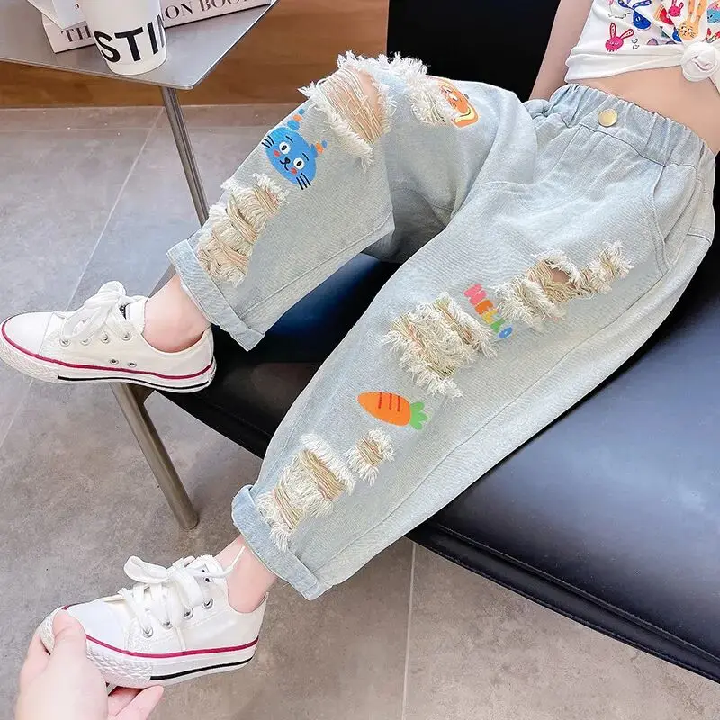Girl Jeans Summer 2023 New Children's Graffiti Perforated Casual Pants Thin Boys and Girls Summer Pants
