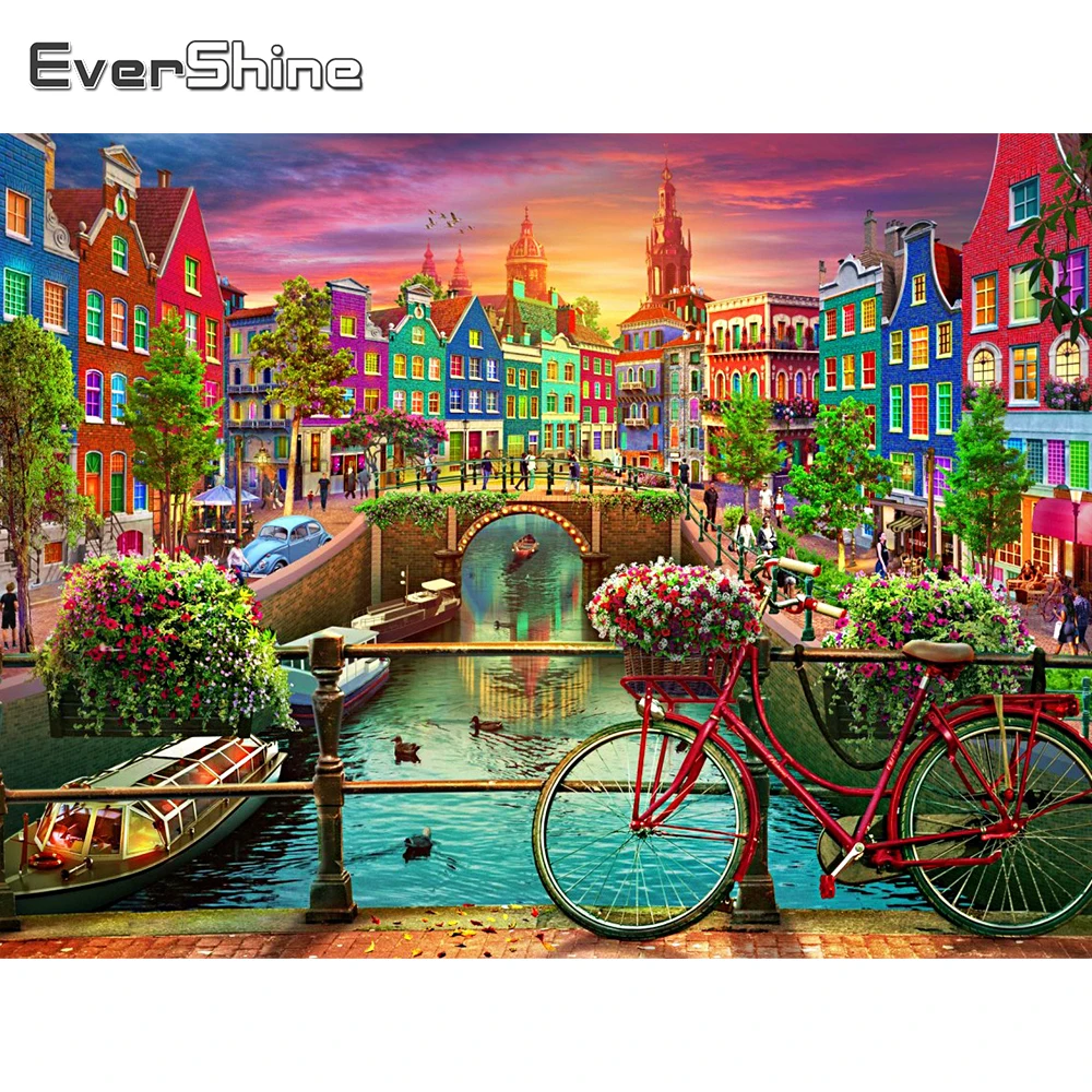 

EverShine DIY алмазная мозаика улица полная площадь алмазная вышивка велосипед пейзаж новое поступление дом алмазная живопись городок подарок р...