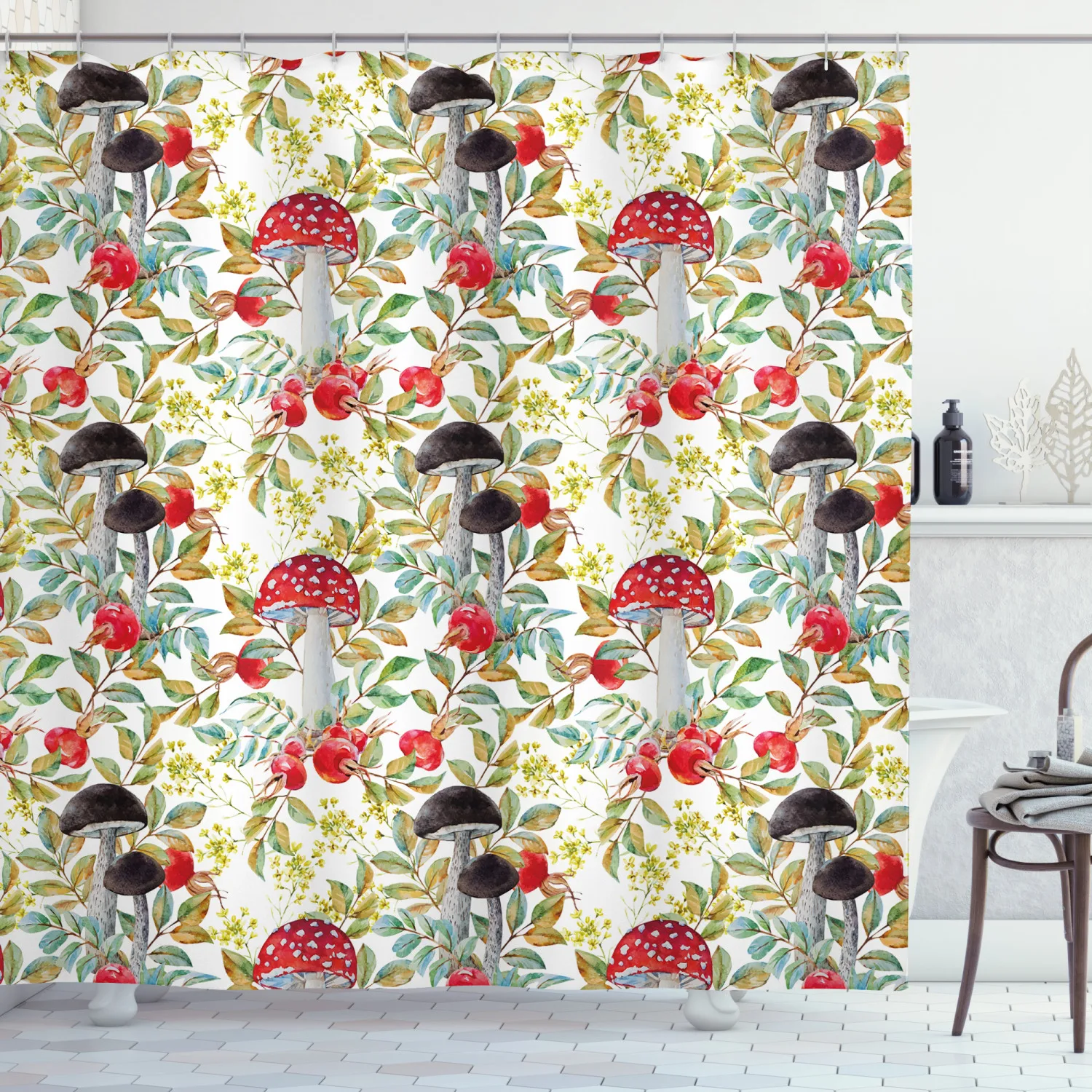 Занавеска для душа Акварельная ручной работы с грибами 12 крючков | Дом и сад