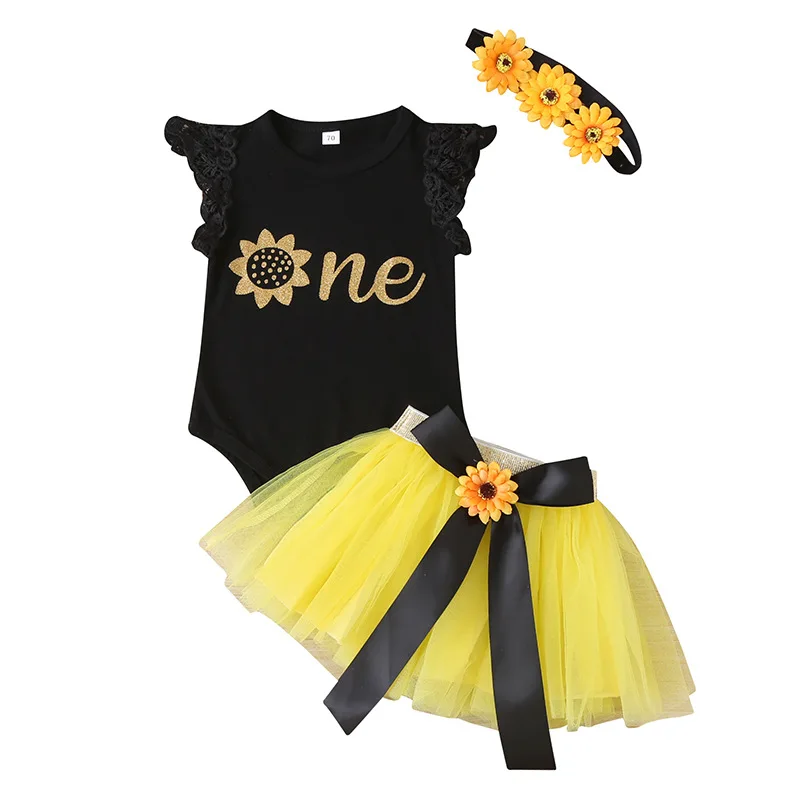 

Костюм для новорожденных девочек на 1-й день рождения, комбинезон с оборками и цветочным рисунком, желтое платье-пачка, наряд для девочек на ...