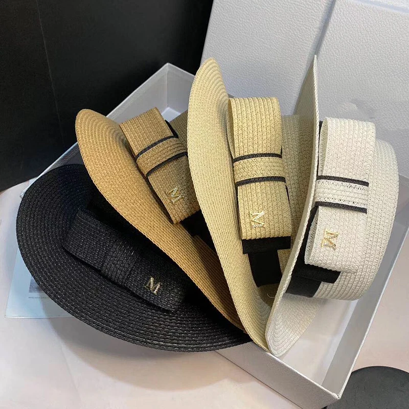 HUISHI Summer Sun Visors Women Hat Bowknot M Straw Cap Lady Travel Flat Sun Hat Fashion Fisherman Basin Caps Beach Hats