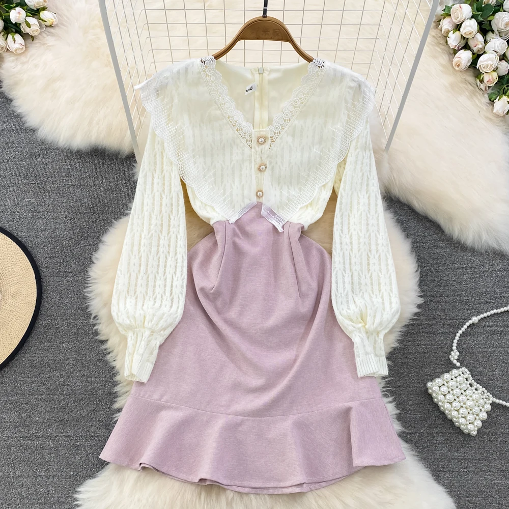 

Autumn and Winter Small Fragrance Style Socialite Temperament V Neck Flounce Edge Waist Slim Flounce Edge Fish Tail Dress