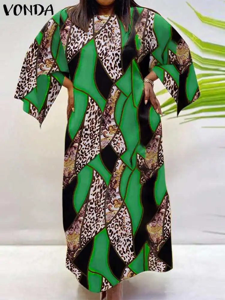 Plus Size 5XL VONDA Summer Dress Women 2023 Bohemian Causal 3/4 Sleeve Vintage Leopard Printed Long Robe Loose Party Sundress