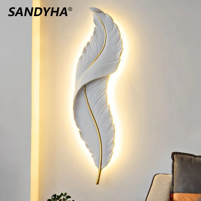 Купи SANDYHA Modern Feather Wall Light White Linear Indoor Sconce Lamp Scandinavian Style Luxury Living Dining Bedside Bedroom Lamp за 7,985 рублей в магазине AliExpress