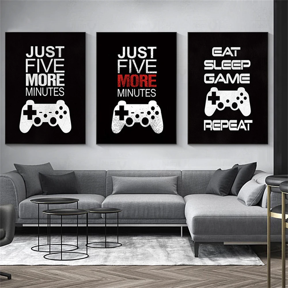 

Just Five More Minutes Game Canvas Painting Abstract Posters And Prints Gamer Joystick Symbols Wall Pictures For Boys Room Decor