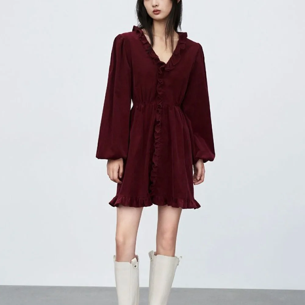 

2022 autumn winter new women's vintage V-neck fashion corduroy chic auricular-edge temperament versatile dress