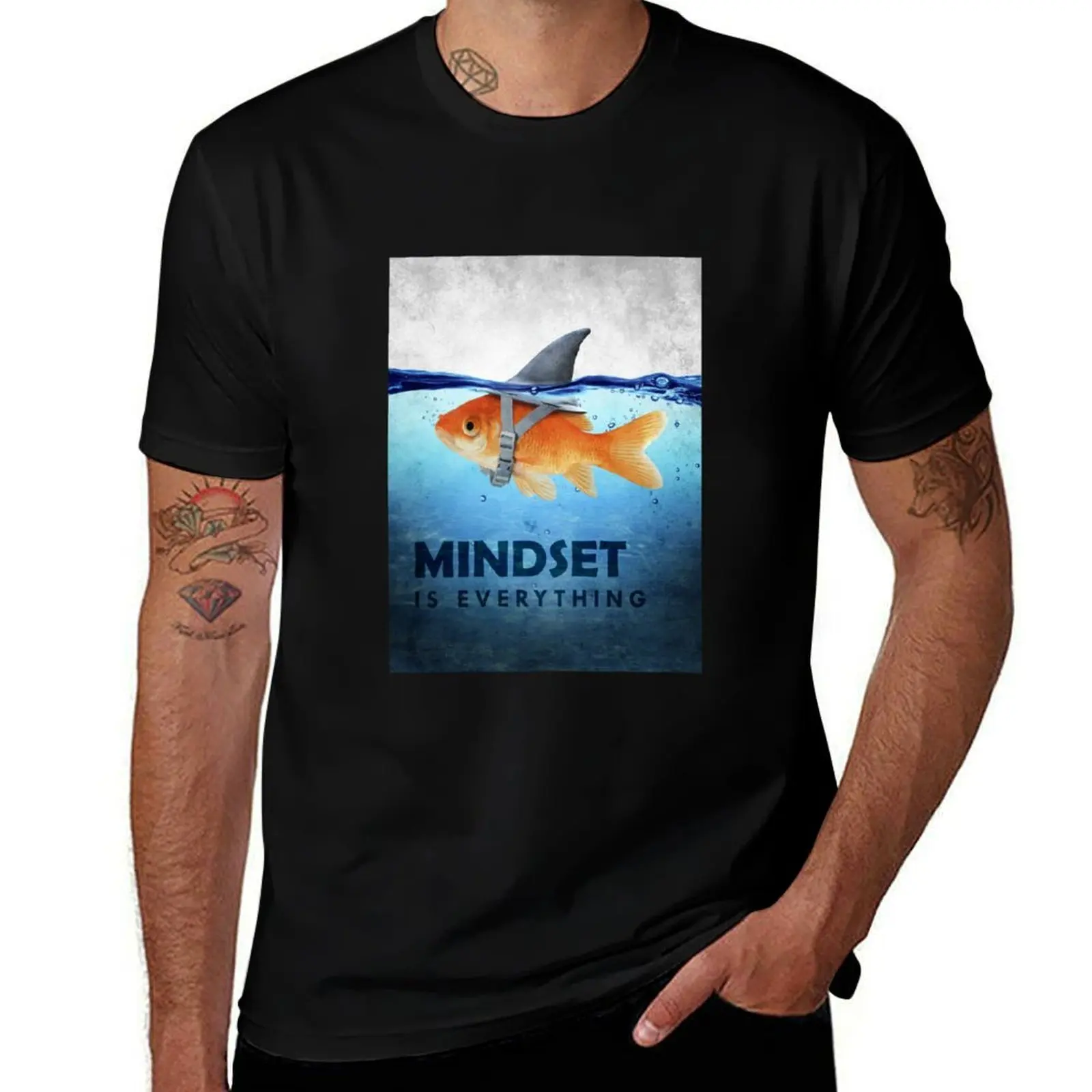 Фото Мотивационная футболка Mindset Is Everything с изображением рыбы и акулы, мужские хлопковые забавные футболки №1