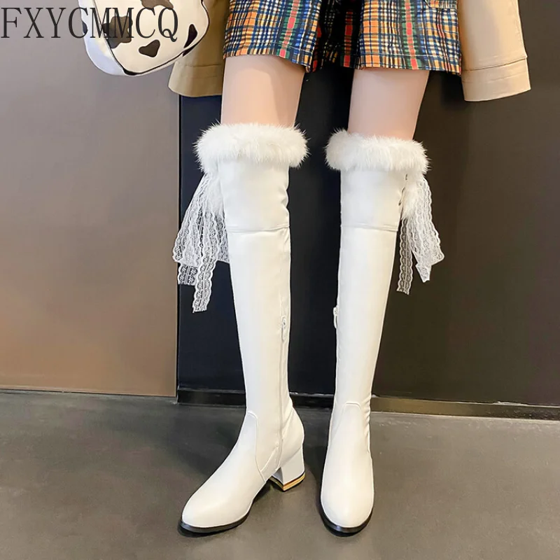 FXYCMMCQ 2022 Autumn/Winter Round Toe High-heeled Thick Velvet Elastic Boots Temperament All-match High-heeled Women's BootsF637