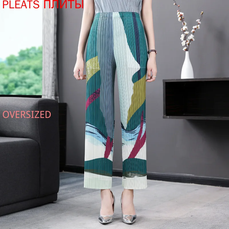 

Широкие брюки, Летний Новый Стиль, большие размеры, с принтом, с эластичной резинкой на талии, модные повседневные брюки для женщин, MIYAKE, со с...
