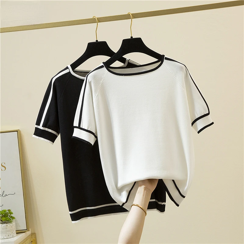 

Mujer Thin Knitted Shirt Women Short Sleeve 2022 Summer Blouse Tops Woman Clothes Striped Fashion Shirt Femme 18841