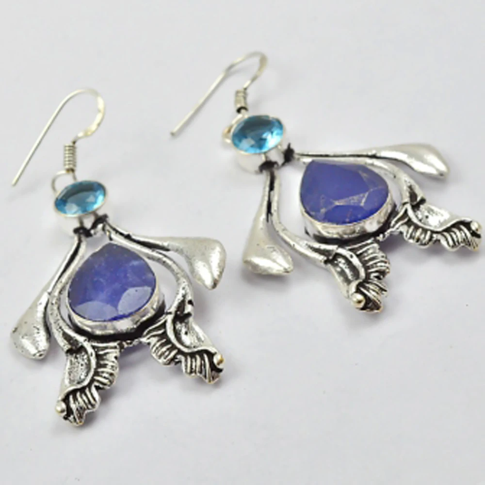 

Sapphires & Blue Topas Earrings Silvers Overlay over Copper, Total Length 60mm , E2931