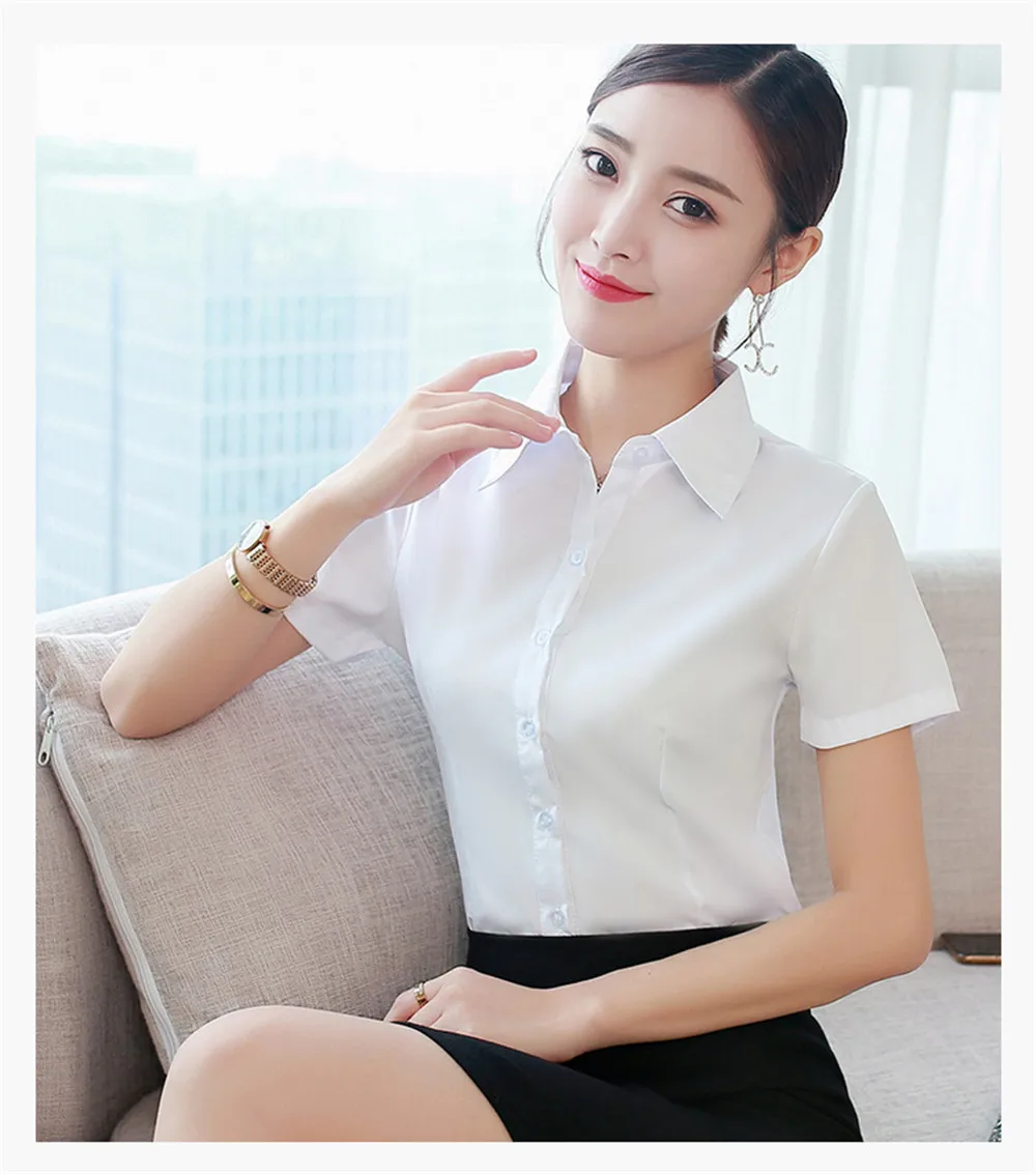 

Korean Fashion Women Blouses 2023 Lapel Short Sleeve Solid Work Shirts Tops Pretty and Cheap Women's Blouse OL White Female Top