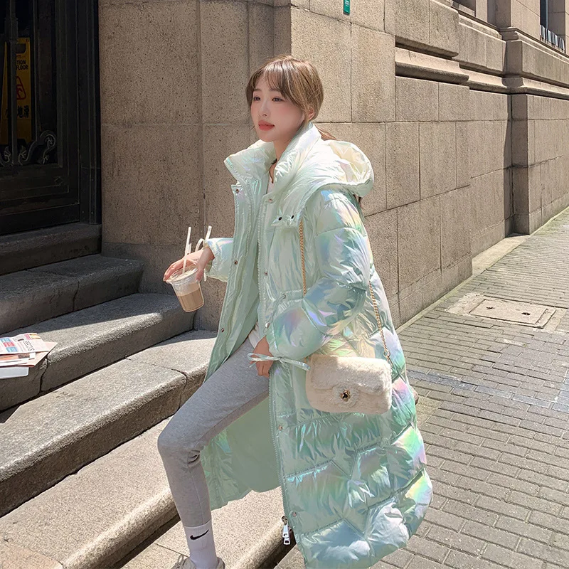 Shiny Down Cotton Jacket Cotton Clothing Female 2022 Winter New Net Red Long Over The Knee Dazzling Color Windproof Jacket