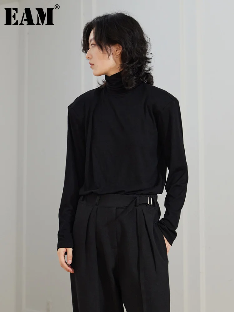

[EAM] Women Black Casual Shoulder Paded Big Size T-shirt New Turtleneck Long Sleeve Fashion Tide Spring Autumn 2023 1DF3953