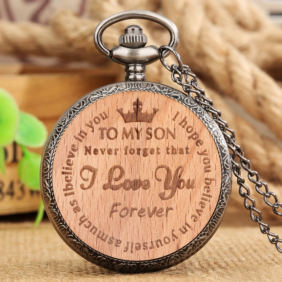 

To My Son Never Forget that I LOVE YOU Forever Wooden Quartz Pocket Watch Wood Necklace Pendant Birthday Family Gifts to Boy Son