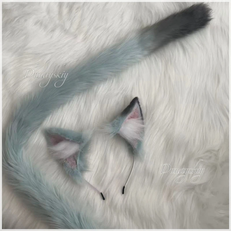 Фото Yani Neko Yani Satō Серые кошачьи ушки и хвост, парик для косплея, пушистая повязка на голову с кошачьими ушками, темно-серые с градиентом, серый кошачий хвост, Хэллоуин №4