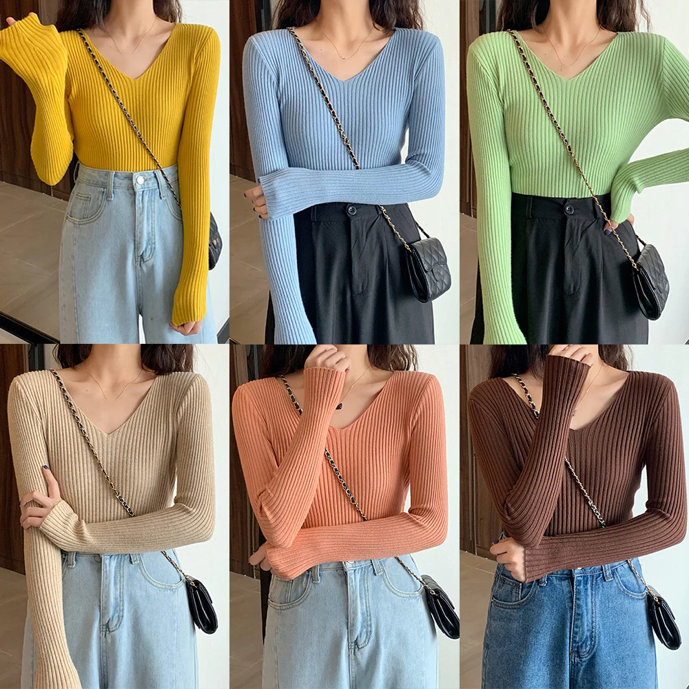 Облегающий пуловер свитер джемпер вязаные топы женский в рубчик с длинным