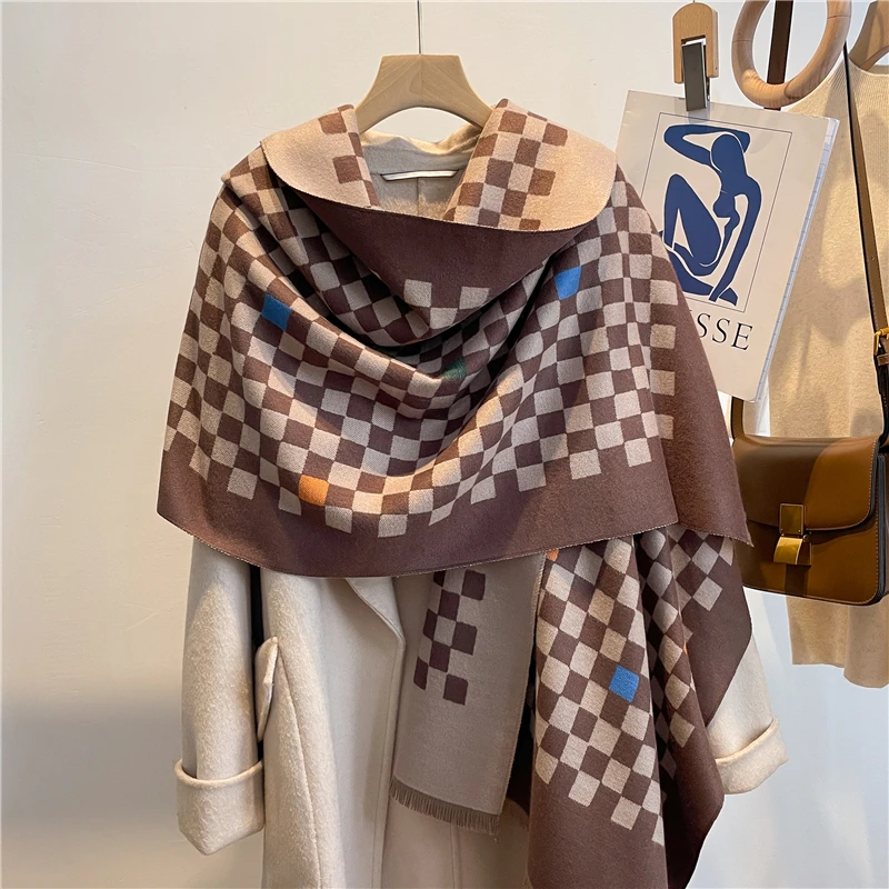 Дизайнерский зимний теплый кашемировый шарф для женщин, роскошная шаль из пашмины, плотное одеяло, пончо, женский платок, 2022