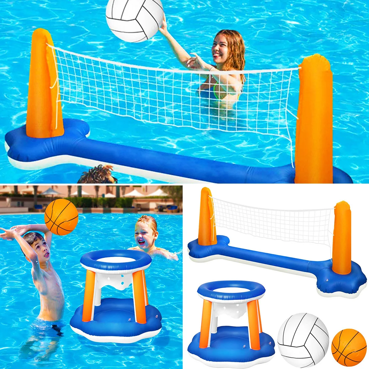 

Inflatable Pool Float Set Volleyball Net and Basketball Hoops Balls Included Floating Swimming Game Toy for Kids Adults Water